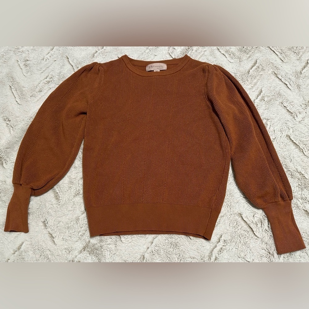Philosophy Brown Ribbed Puff Shoulder Crew Neck Sweater - Picture 2 of 9